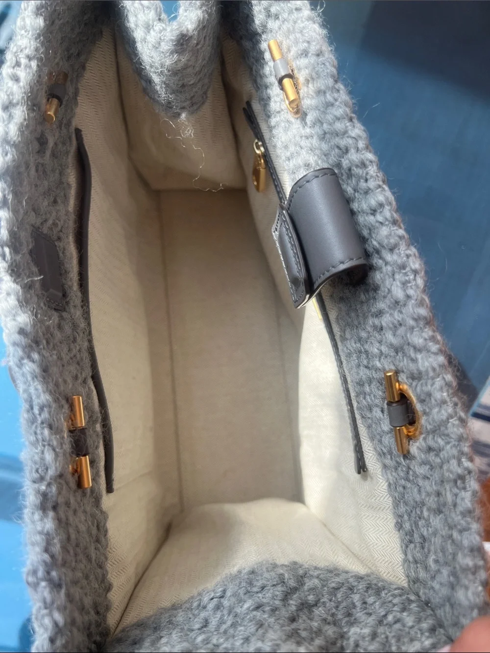 Tory Burch Gray Textured Logo Tote with Gold Chain Straps